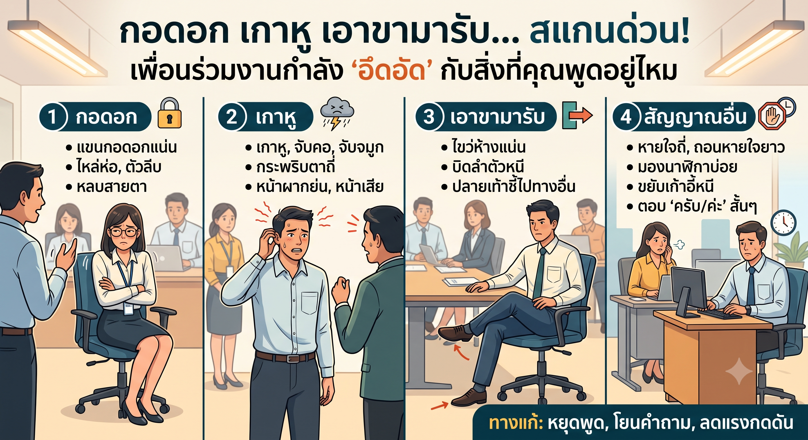 กอดอก เกาหู เอาขามารับ…สแกนด่วน! เพื่อนร่วมงานกำลัง “อึดอัด” กับสิ่งที่คุณพูดอยู่ไหม