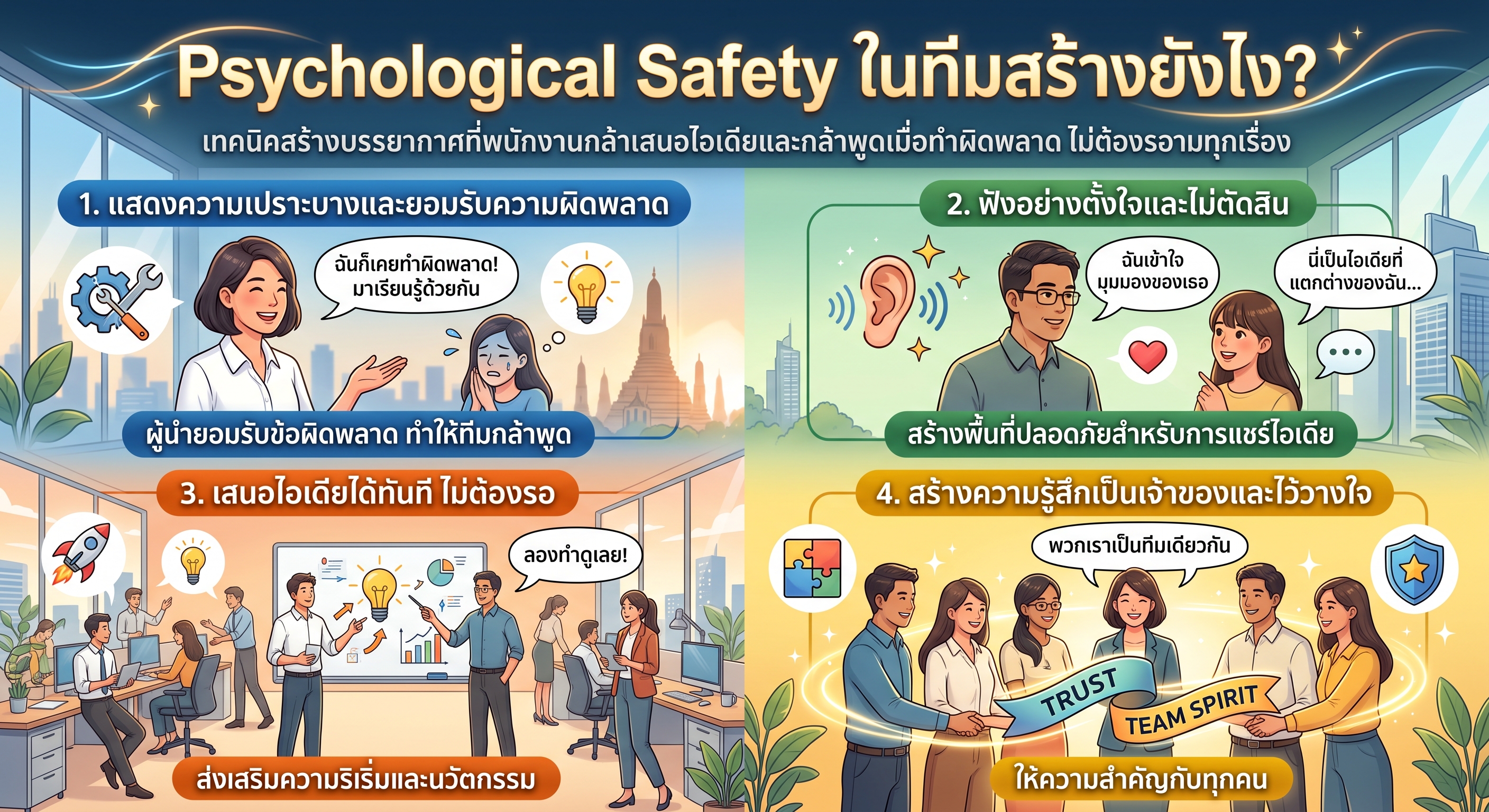 “Psychological Safety ในทีมสร้างยังไง?” เทคนิคสร้างบรรยากาศที่พนักงานกล้าเสนอไอเดียและกล้าพูดเมื่อทำผิดพลาด
