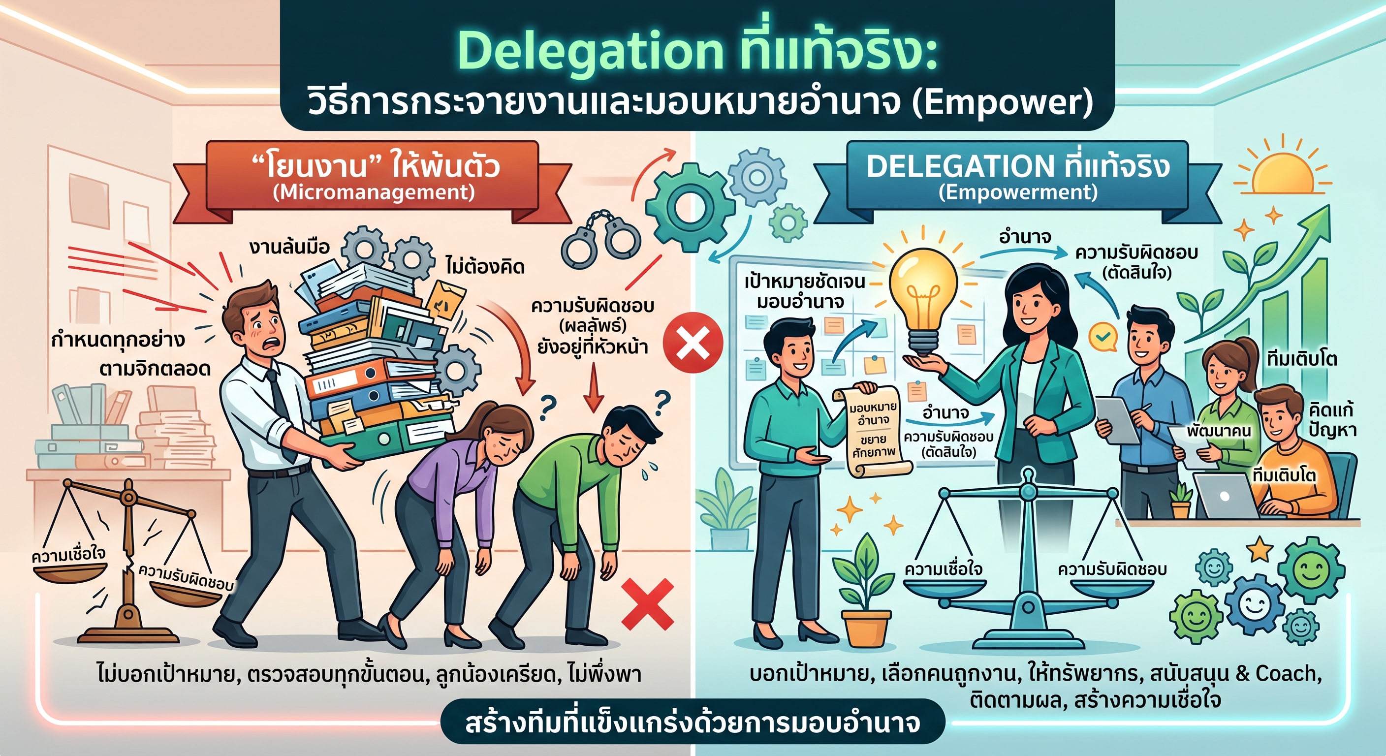 “Delegation ที่แท้จริง” วิธีการกระจายงานและมอบหมายอำนาจ (Empower) ไม่ใช่แค่การ “โยนงาน” ให้พ้นตัว
